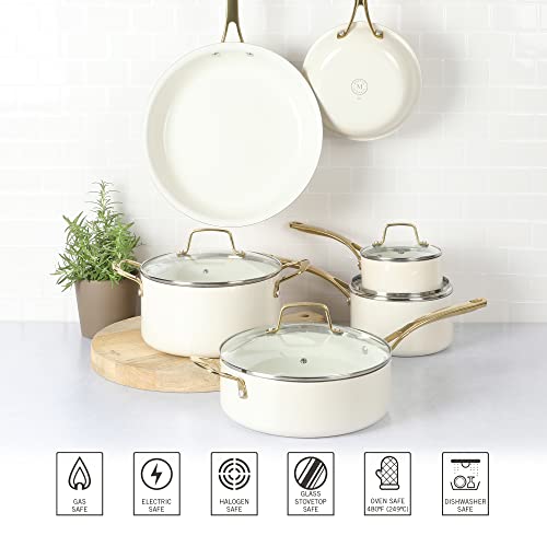 Martha Stewart Lockton Premium Nonstick PFA Free Ceramic Interior 10 Piece Heavy Gauge Enamel Aluminum Pots and Pans Cookware Set - Linen White w Gold Handle Online Sale