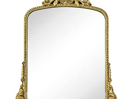 VANA NALA Antiqued Gold Ornate Mirror Arched Mantel Wall Mirror Baroque Inspired Bathroom Vanity Rectangle Wall Mounted Mirror, 30 x 34   For Sale