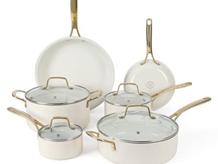 Martha Stewart Lockton Premium Nonstick PFA Free Ceramic Interior 10 Piece Heavy Gauge Enamel Aluminum Pots and Pans Cookware Set - Linen White w Gold Handle Online Sale