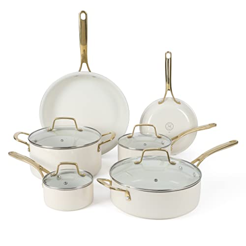 Martha Stewart Lockton Premium Nonstick PFA Free Ceramic Interior 10 Piece Heavy Gauge Enamel Aluminum Pots and Pans Cookware Set - Linen White w Gold Handle Online Sale