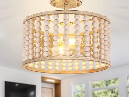 Wood Beaded Chandelier - Farmhouse Boho Light Fixture, Rustic Semi Flush Mount Ceiling Light, Oak 2 Lights Nursery Light Fixture for Hallway Foyer Bedroom Kitchen Island Living Room, E26 Base For Discount